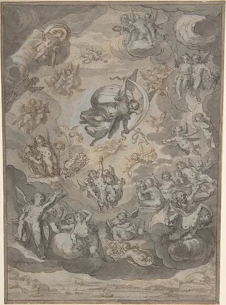 Flying Putti, Surrounding Archangel Raphael by Conrad Meyer depicting Tobit 6