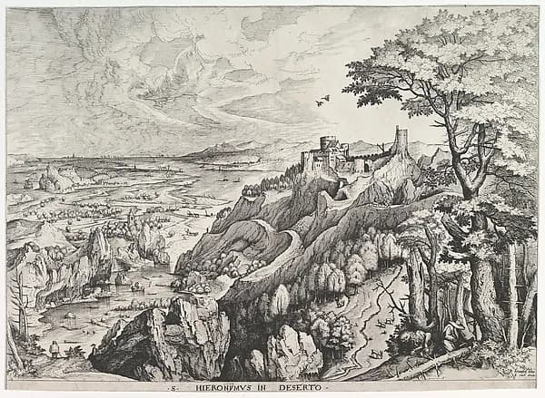 St. Jerome in the Wilderness (S. Hieronymus in Deserto), from "The Large Landscapes" by Johannes van Doetecum I depicting Romans 8