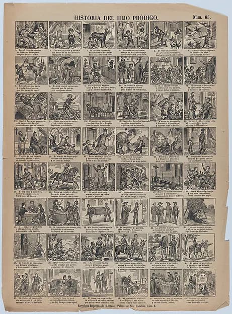 Broadside with 48 scenes relating to the story of the prodigal son by Juan Llorens depicting Luke 15