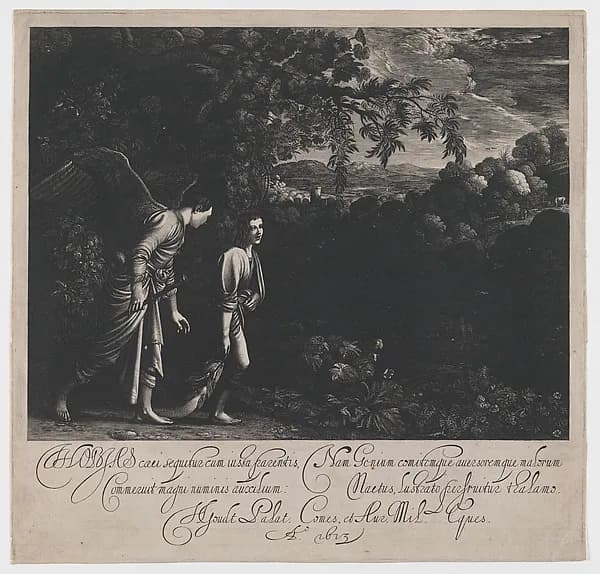 Tobias and the Angel (large plate) by Hendrick Goudt depicting Tobit 6