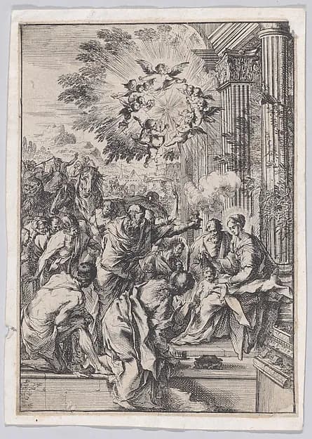 The Adoration of the Magi, set before and architectural colonnade by Pietro Testa depicting Matthew 2
