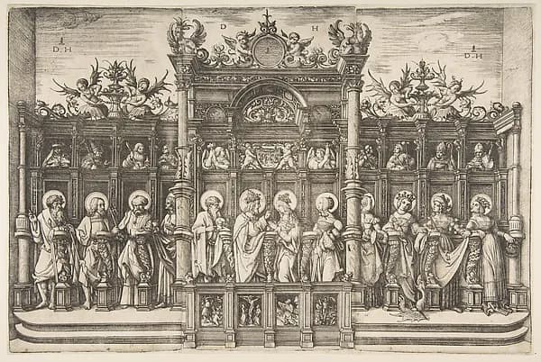 Large Choirstall with Christ Blessing the Virgin by Daniel Hopfer depicting Luke 1