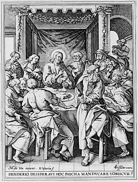 The Last Supper (Desiderio Desideravi), from "The Passion of Christ (Passio Domni Nostri Jesu Christi)" by Hieronymus (Jerome) Wierix depicting John 13