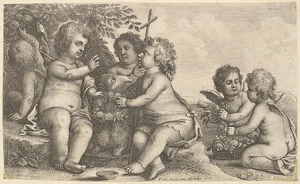 Jesus, St. John the Baptist and four cherubs by Wenceslaus Hollar depicting Matthew 3