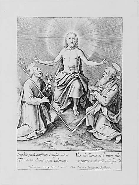 Christ Between Saints Peter and Paul by Hieronymus (Jerome) Wierix depicting Matthew 4