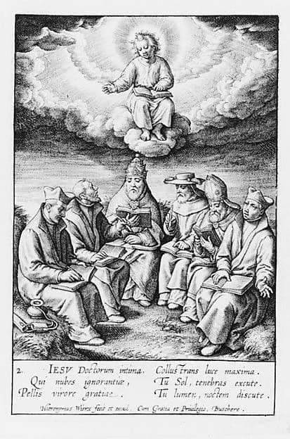 The child Jesus above a group of ecclesiastics by Hieronymus (Jerome) Wierix depicting John 1