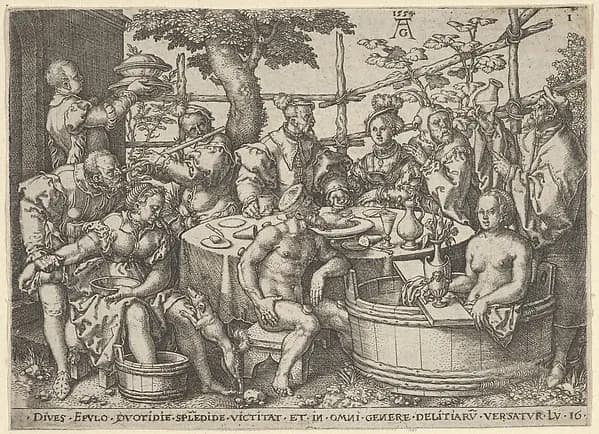 The Rich Man at His Table, from "The Parable of the Rich Man and Lazarus" by Heinrich Aldegrever depicting John 11