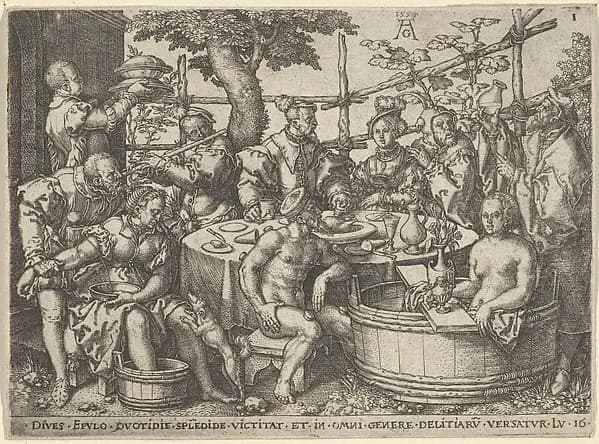 The Rich Man at His Table, from "The Parable of the Rich Man and Lazarus" by Heinrich Aldegrever depicting John 11