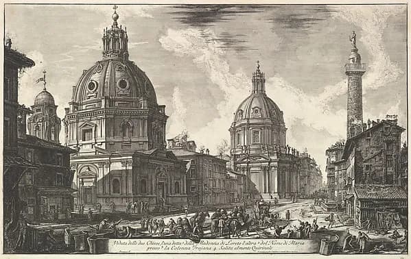 Two churches near Trajan's column, S. Maria di Loreto and Santissimo Nome di Maria (Veduta delle due chiesa, l'una detta della Madonna di Loreto, l'altra del nome di Maria, presso la Colonna Trajana) by Giovanni Battista Piranesi depicting Luke 2