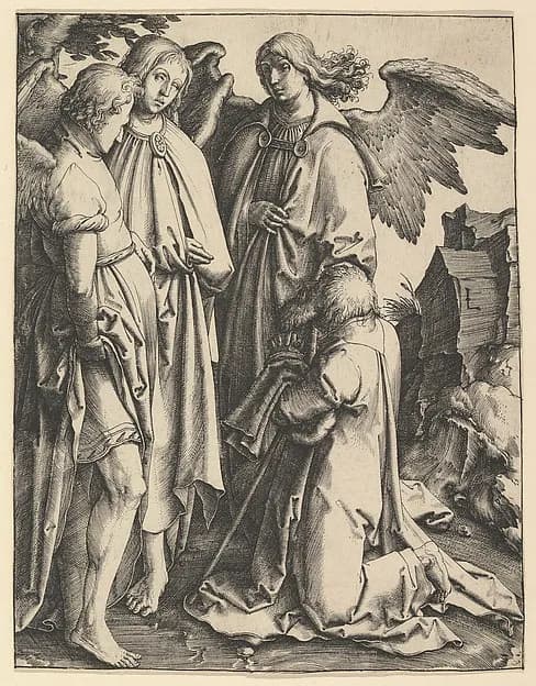 Abraham and Three Angels by Lucas van Leyden depicting Genesis 18