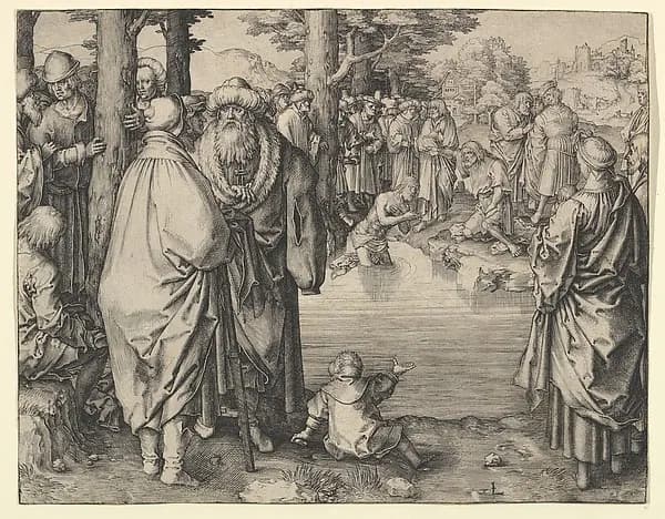The Baptism of Christ in the River Jordan by Lucas van Leyden depicting Matthew 3