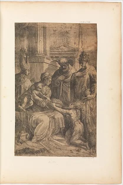 Holy Family with Saints by Andrea Schiavone (Andrea Meldola) depicting Luke 2
