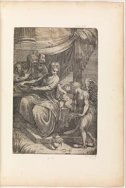 Holy Family with Angel by Andrea Schiavone (Andrea Meldola) depicting Luke 2