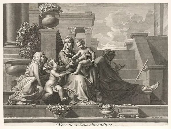 Holy Family on the Steps by Claudine Bouzonnet Stella depicting Luke 2