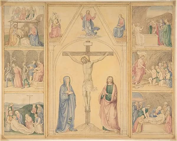 Christ on the Cross with Six Scenes from the Life of Christ by Eduard Jakob von Steinle depicting Matthew 27