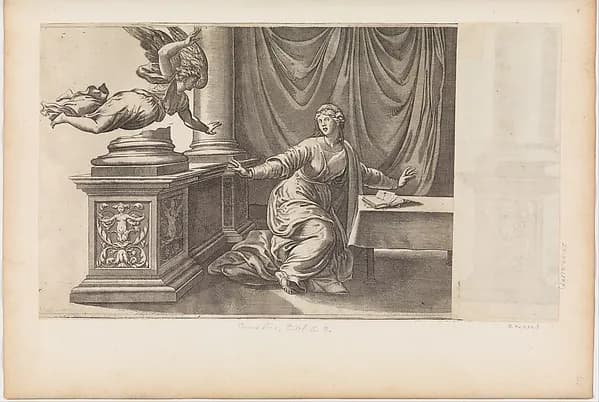 The Annunciation with Flying Angel by Enea Vico depicting Luke 1