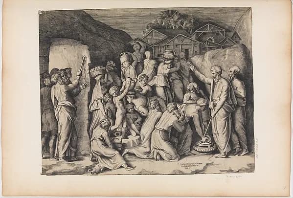 Moses Telling the Israelites to Gather Manna and Moses Striking the Rock by Giulio Bonasone depicting Exodus 2