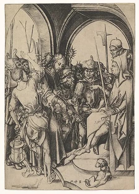 Christ before Annas by Martin Schongauer depicting Matthew 27