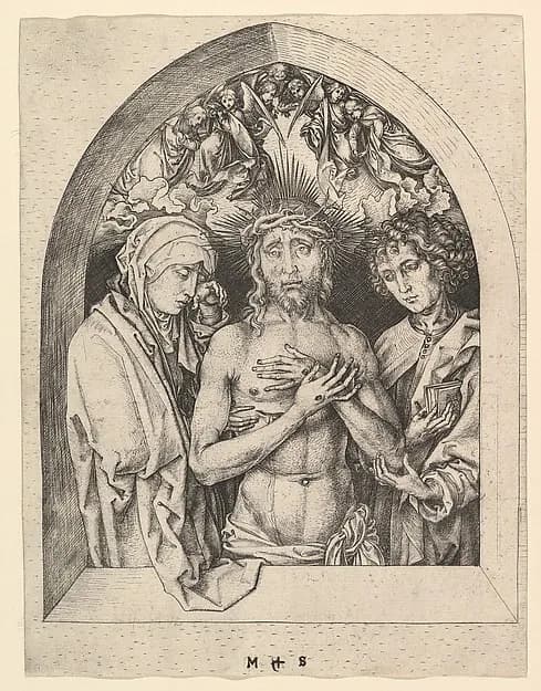 Christ as the Man of Sorrows with the Virgin and St. John by Martin Schongauer depicting Matthew 3