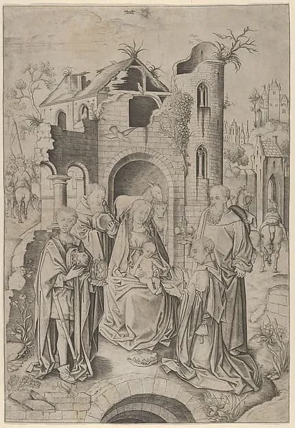 Adoration of the Magi by Master IAM of Zwolle depicting Matthew 2