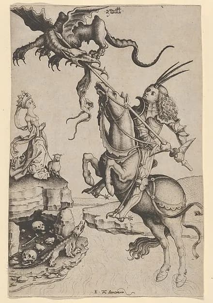 St. George by Master IAM of Zwolle depicting Revelation 12
