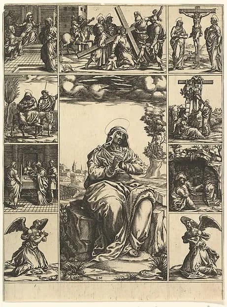The Virgin of Sorrows; an image of the Virgin Mary surrounded by nine vignettes depicting scenes of her life by Giorgio Ghisi depicting Luke 1