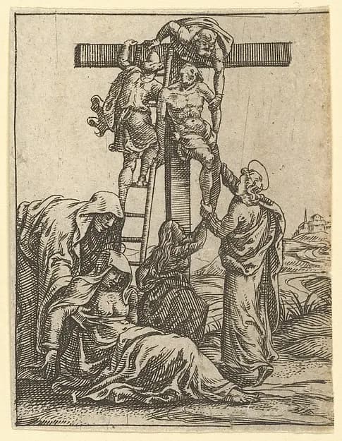 The Virgin of Sorrows: The Descent from the Cross; one of nine surrounding compartments from the Virgin of Sorrows, now separated by Giorgio Ghisi depicting Luke 1