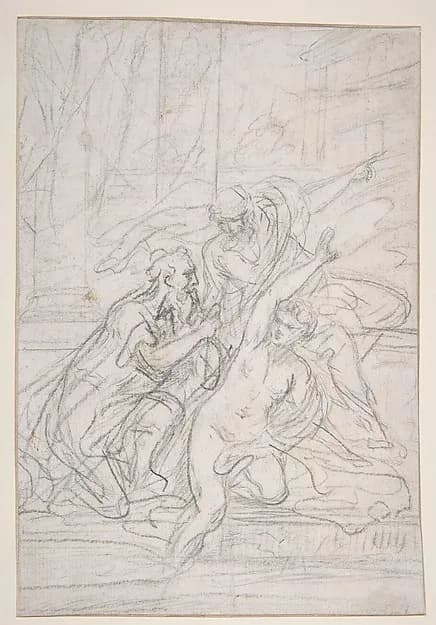 Susanna and the Elders (recto); Architectural design and other scribbles (verso) by Giovanni Battista Pittoni depicting Daniel 13