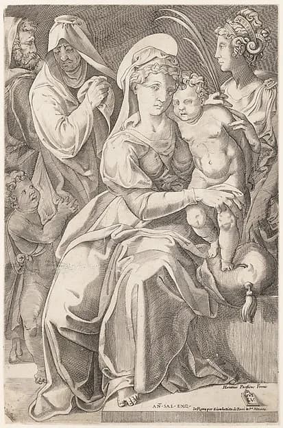 The Holy Family with St. Anne and St. Catherine by Enea Vico depicting Romans 8