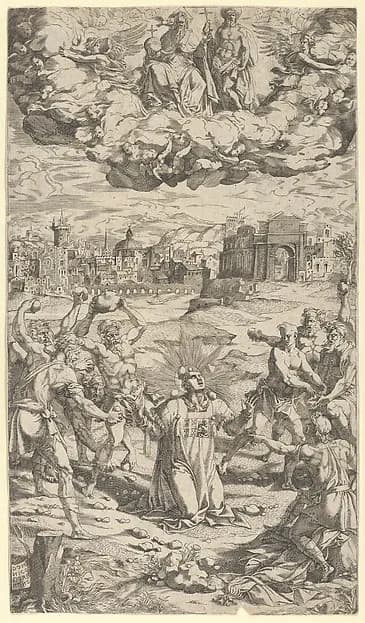 The Stoning of Saint Stephen by Domenico del Barbiere depicting Acts 7