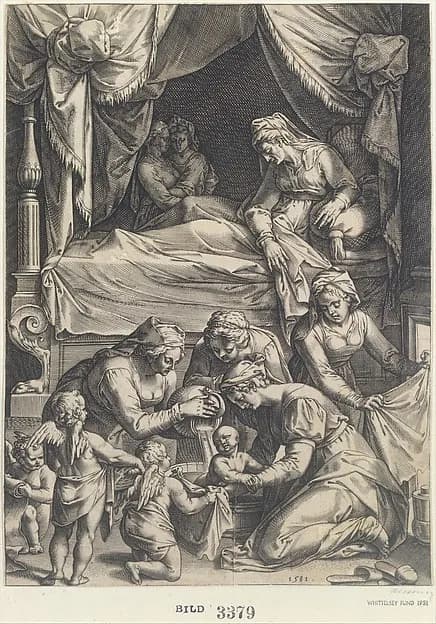 Birth of the Virgin (copy) by Julius Goltzius depicting Luke 1
