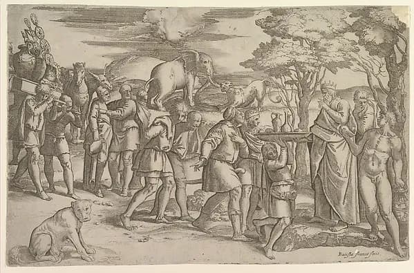 Melchizadek offering bread and wine to Abraham by Battista Franco depicting Genesis 18