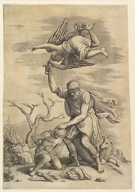 The sacrifice of Abraham who needs before Isaac who raises his sword to strike him by Battista Franco depicting Genesis 18