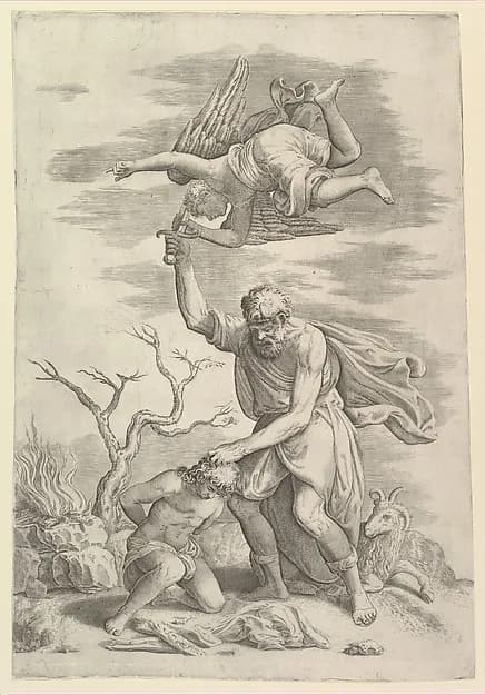 The sacrifice of Abraham who needs before Isaac who raises his sword to strike him by Battista Franco depicting Genesis 18