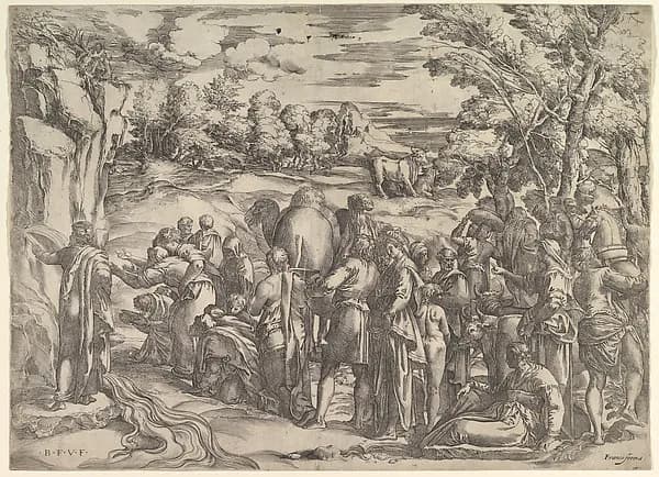 Moses Drawing Water from the Rock, at left with water flowing, various figures and animals waiting at right by Battista Franco depicting Exodus 2