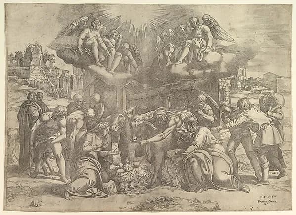 The Adoration of the Shepherds with angels overhead by Battista Franco depicting Luke 2