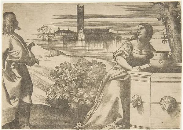 Christ standing at left addressing the Woman of Samaria at right who is standing by a well, lagoon in the background by Giulio Campagnola depicting John 1