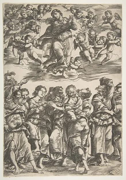 The Virgin at top center in clouds with clasped hands and right foot raised, surrounded by cherubin; below, the twelve apostles stand together gesturing upwards by Domenico Campagnola depicting Luke 1