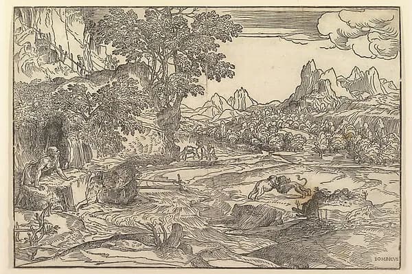 Landscape with Saint Jerome at left looking towards lion and bear fighting at center; two figures with mule in the background by Domenico Campagnola depicting Romans 8