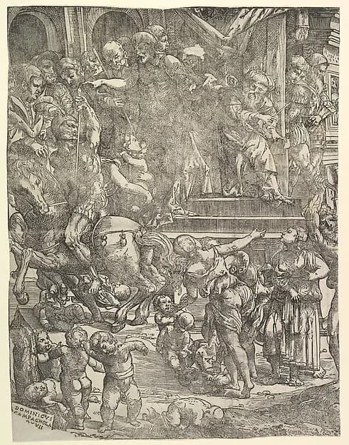 The Massacre of the Innocents (Left side), with man on horseback at center left, women and children below, group of figures standing on steps above, Herod seated on throne at upper right by Domenico Campagnola depicting Matthew 2