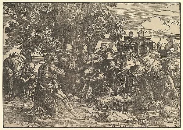 Mary seated beneath trees with baby, flanked by Joseph at left and St. Jerome at right; St. John the Baptist seated in the foreground holding a cross; a man stooping to pick up a child at left; a lion seen from behind at right; a town in the background by Domenico Campagnola depicting Matthew 3