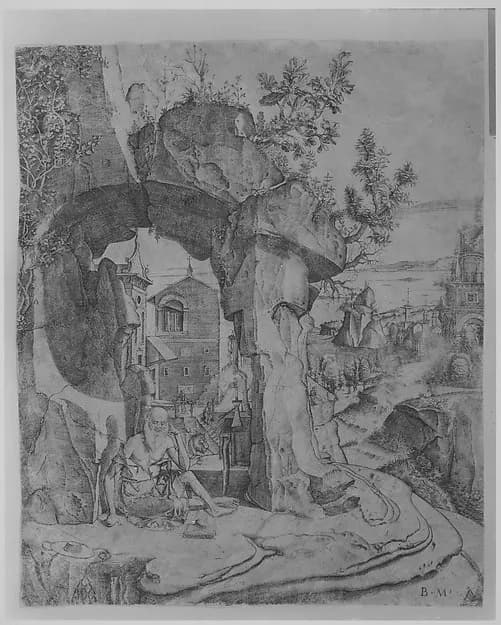 Saint Jerome seated beneath a rocky arch by Benedetto Montagna depicting Romans 8