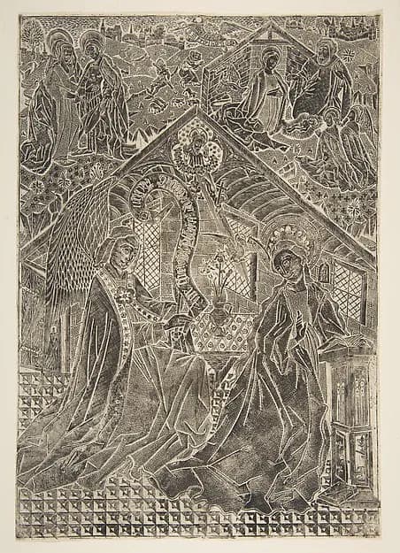The Annunciation, Visitation, and Nativity (Schr. 2865) by Anonymous, German, 15th century depicting Luke 1