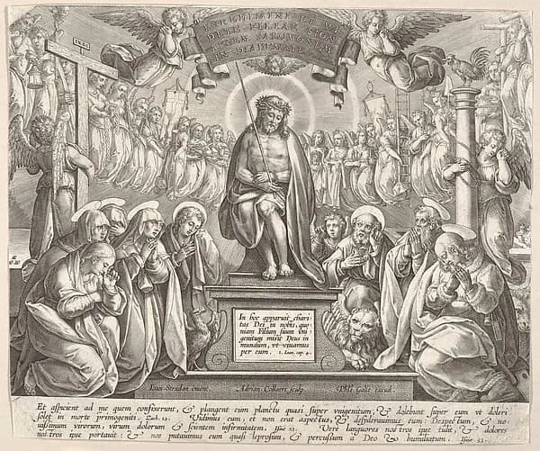 Man of Sorrows with the Three Marys and the Evangelists by Adriaen Collaert depicting Mark 16