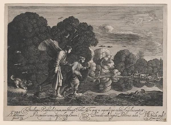 Tobias and the Angel (small plate) by Hendrick Goudt depicting Tobit 6
