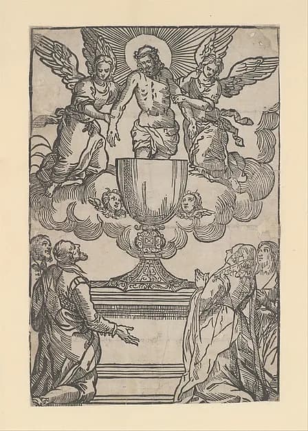 The Triumph of the Eucharist, Christ as the Man of Sorrows supported by two angels standing in a chalice by Anonymous, Italian, 16th century depicting John 1