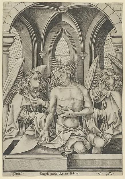 Christ as the Man of Sorrows Between Two Angels by Israhel van Meckenem depicting John 1