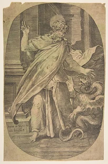 St Paul overcoming the viper, within an architectual setting, an oval composition by Giulio Bonasone depicting Acts 27