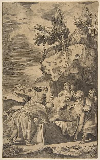 The entombment of Christ, the crosses on Calvary visble in left background by Giulio Bonasone depicting Matthew 27