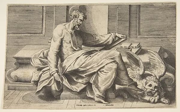 Saint Mark writing his Gospel, a winged lion at the right by Giulio Bonasone depicting Mark 1